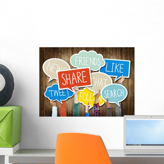Hands Holding Speech Bubbles with Social Media Wall Mural