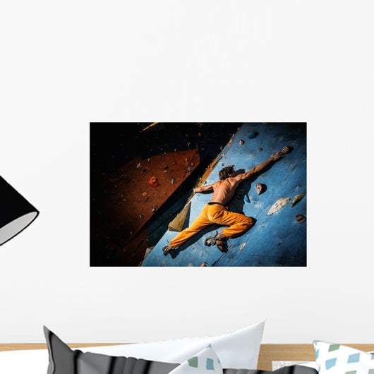 Muscular man practicing rock-climbing on a rock wall indoors Wall Mural