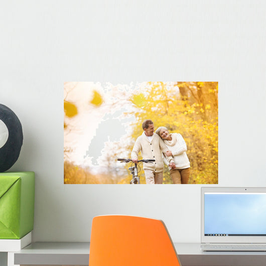 Senior couple with bicycle in autumn park Wall Mural