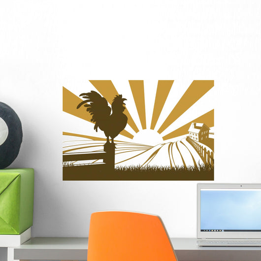 Silhouette cockerel crowing on farm Wall Decal