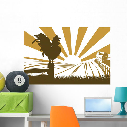 Silhouette cockerel crowing on farm Wall Decal