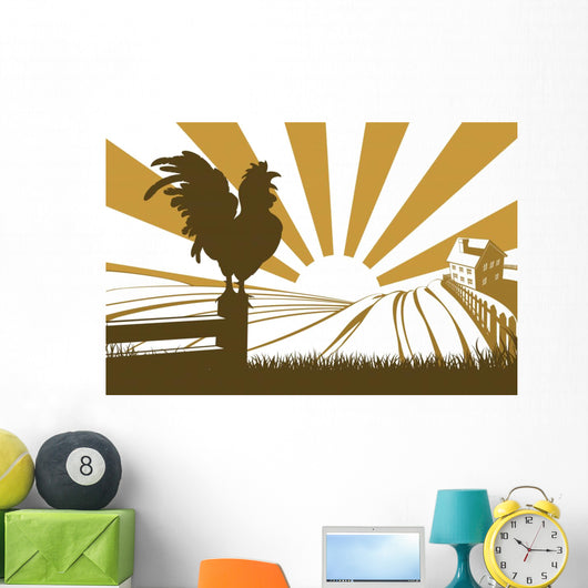 Silhouette cockerel crowing on farm Wall Decal