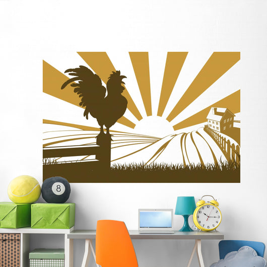 Silhouette cockerel crowing on farm Wall Decal