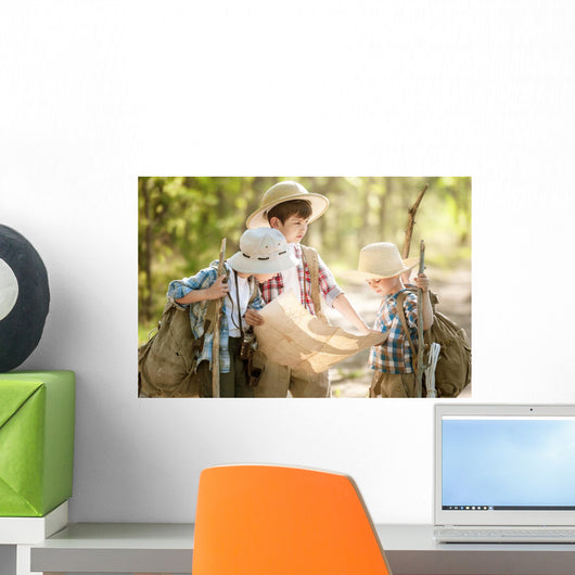 Boys travelers exploring route map Wall Mural