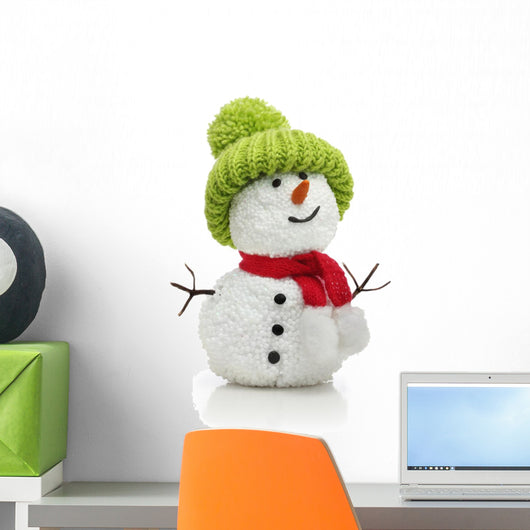 Snowman in green hat and red scarf Wall Decal