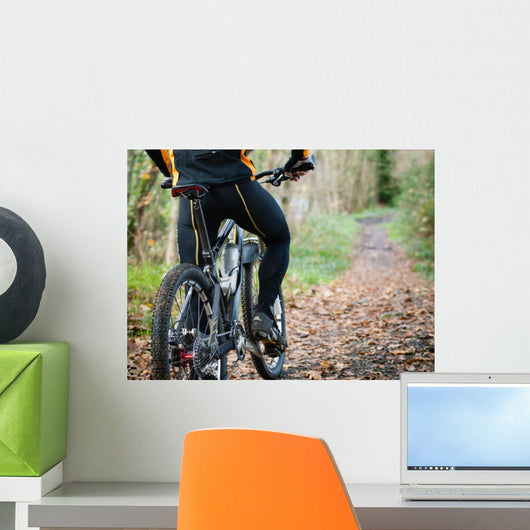 Cyclist standing in front of a path of the forest Wall Mural