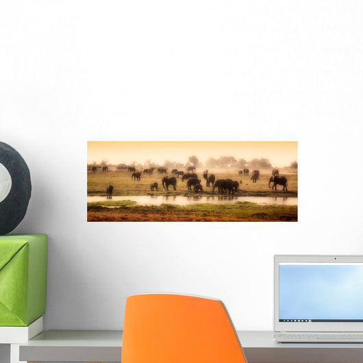 Herd of elephants in African delta Wall Mural