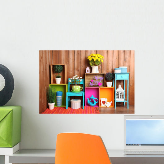 Beautiful colorful shelves with different home related objects Wall Mural