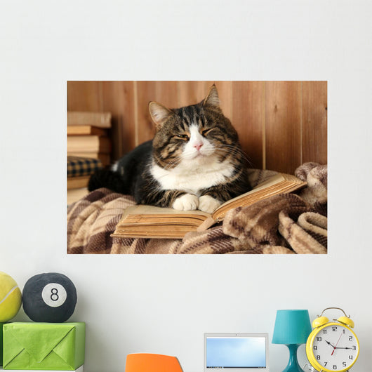 Cute cat lying with book on plaid Wall Decal