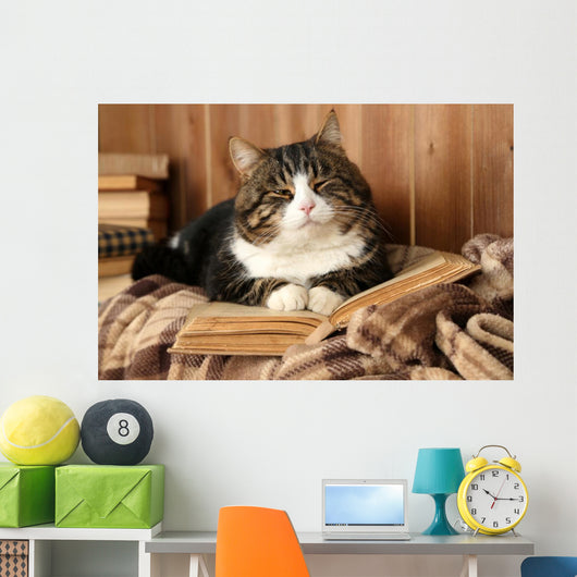Cute cat lying with book on plaid Wall Decal