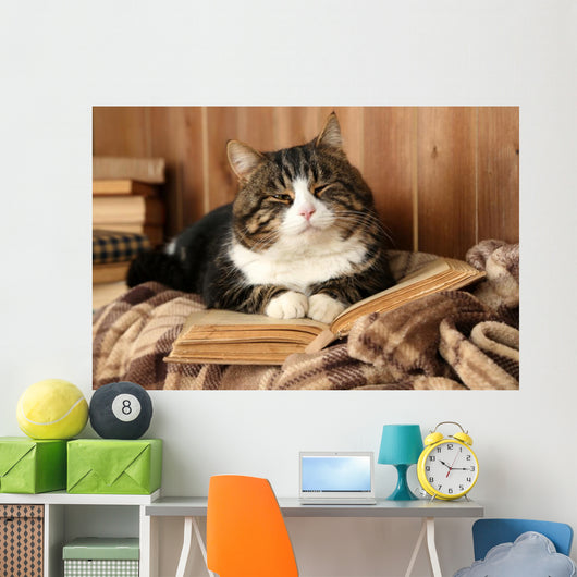 Cute cat lying with book on plaid Wall Decal