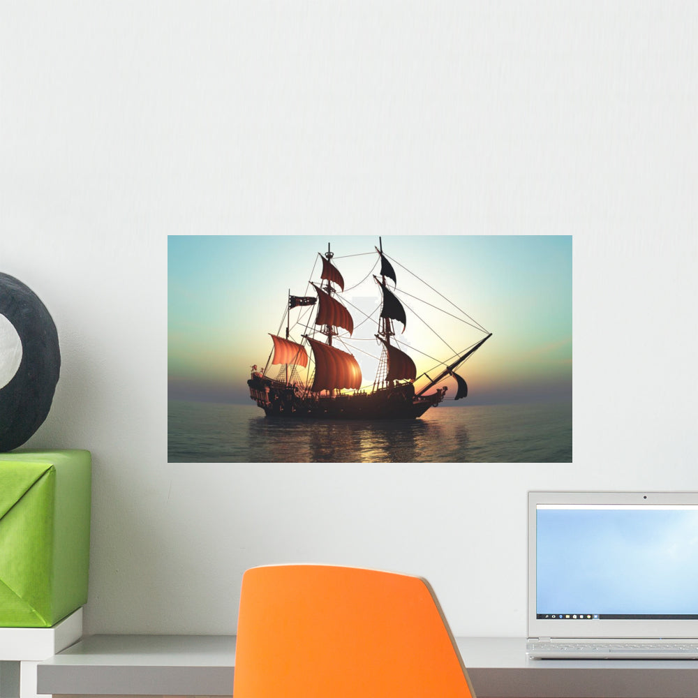 Pirate Ship Sunset Silhouette Wall Decal - WallMonkeys.com – Wallmonkeys, image size:1000x1000