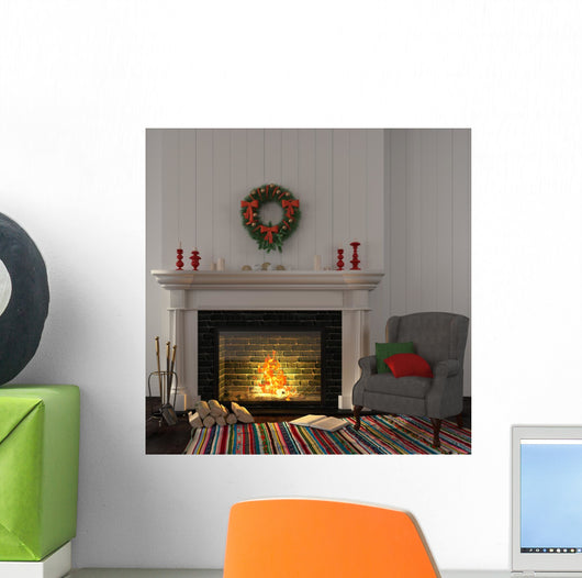 Vintage gray armchair near the fireplace with Christmas decor Wall Decal