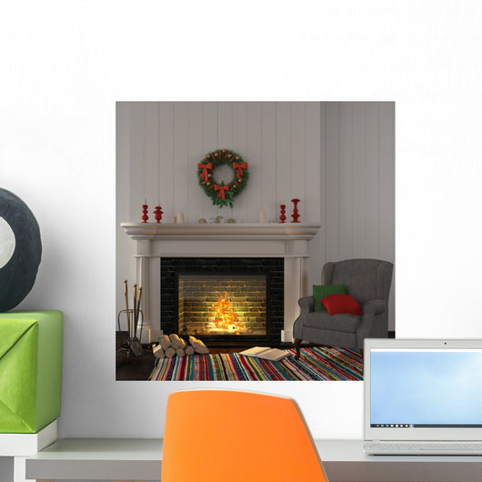 Vintage gray armchair near the fireplace with Christmas decor Wall Decal