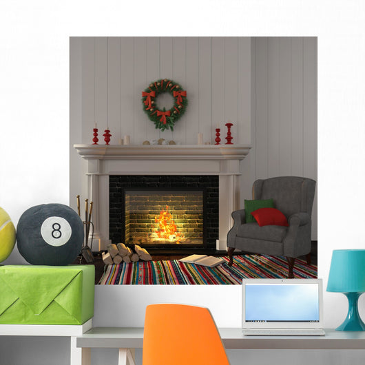 Vintage gray armchair near the fireplace with Christmas decor Wall Decal