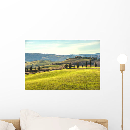 Artistic Tuscan landscape with cypresses, wavy fields and house Wall Decal