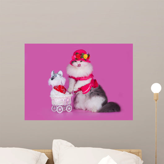 cat in a pink dress and hat with a baby carriage and a toy on a Wall Decal