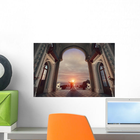 Wedding couple in the palace. Stand back in front of the sunset. Wall Decal