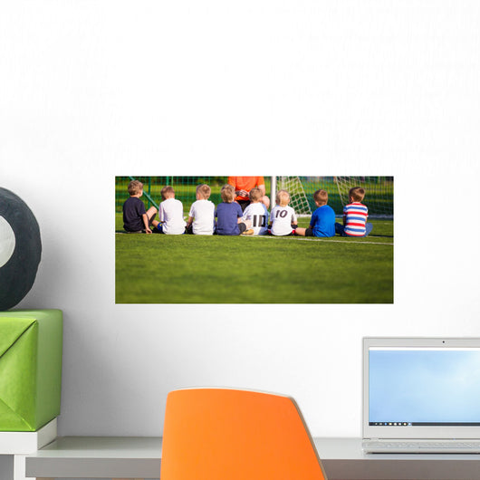 Football soccer match for children. Kids breiefing with trainer Wall Decal