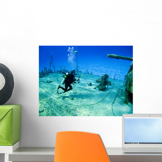 Underwater Photographer shooting a sunken Shipwreck Wall Decal