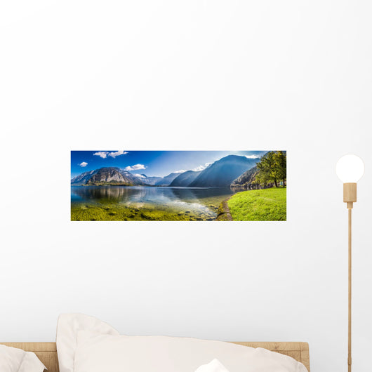 Big panorama of crystal clear mountain lake in Alps Wall Decal