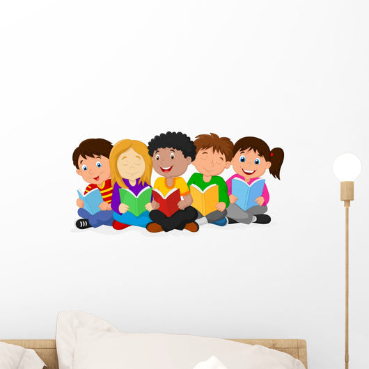 Happy children sitting on the floor while reading books Wall Decal