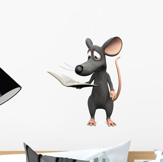 Smiling cartoon mouse reading a book. Wall Decal