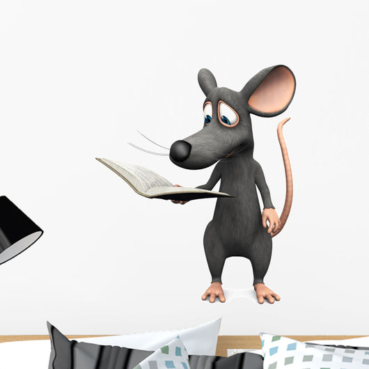 Smiling cartoon mouse reading a book. Wall Decal
