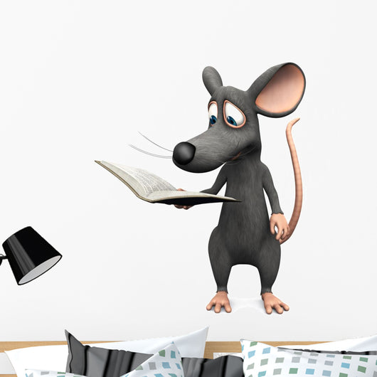 Smiling cartoon mouse reading a book. Wall Decal