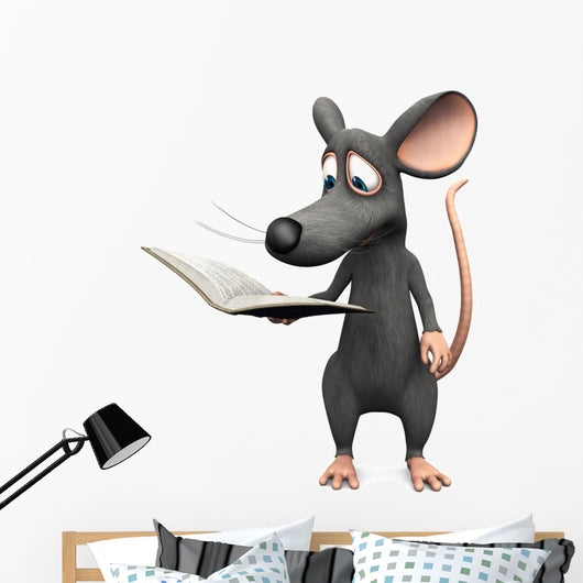Smiling cartoon mouse reading a book. Wall Decal