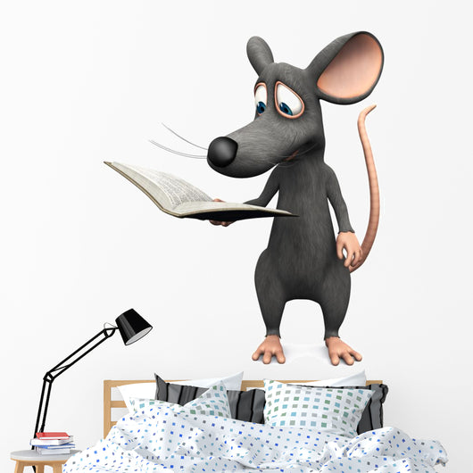 Smiling cartoon mouse reading a book. Wall Decal