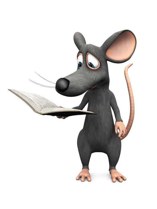 Smiling cartoon mouse reading a book. Wall Decal