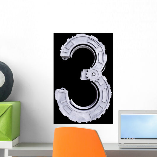 Mechanical number three of white scratched metal. Wall Decal