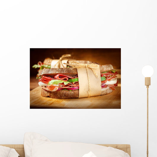 Sandwich with bacon and fresh vegetables on vintage wooden cutti Wall Decal
