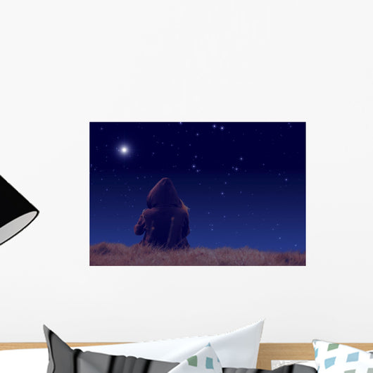 Lonesome girl watching stars and Moon. Wall Decal