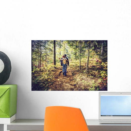 Mother Hiking with Baby in a Forest - Retro Filtered Wall Decal