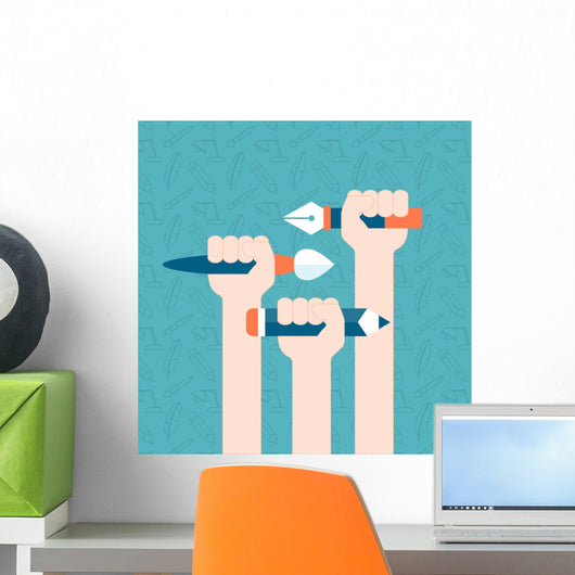 hands holding tools for drawing Wall Mural