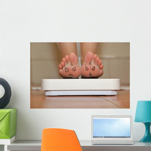 Feet on bathroom scale with hand drawn sad cute faces Wall Mural
