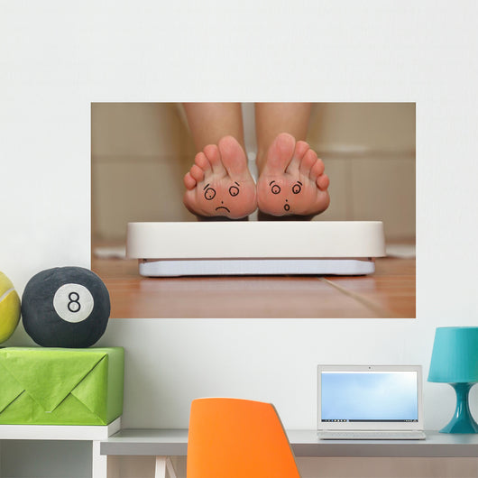 Feet on bathroom scale with hand drawn sad cute faces Wall Mural