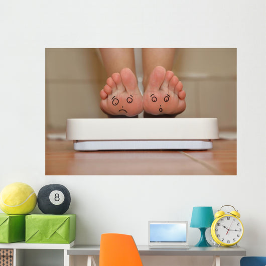 Feet on bathroom scale with hand drawn sad cute faces Wall Mural
