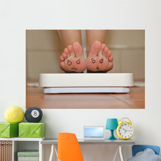Feet on bathroom scale with hand drawn sad cute faces Wall Mural