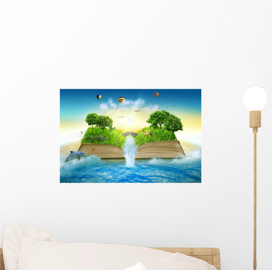Illustration magic opened book covered grass trees waterfall Wall Mural