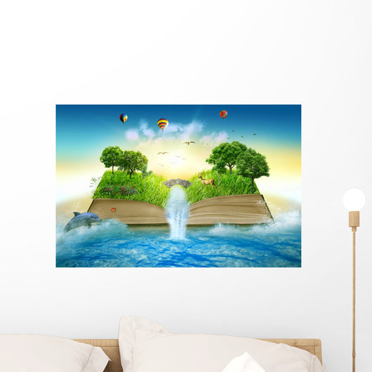 Illustration magic opened book covered grass trees waterfall Wall Mural