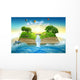 Illustration magic opened book covered grass trees waterfall Wall Mural