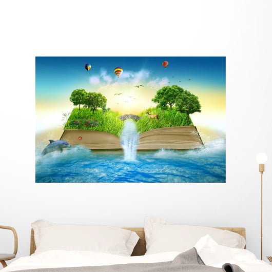 Illustration magic opened book covered grass trees waterfall Wall Mural