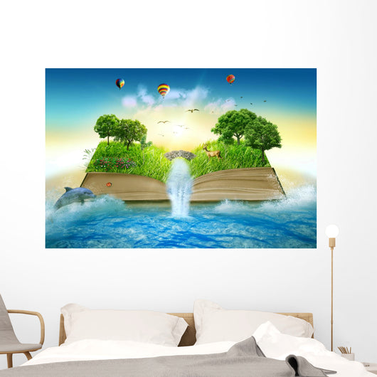 Illustration magic opened book covered grass trees waterfall Wall Mural