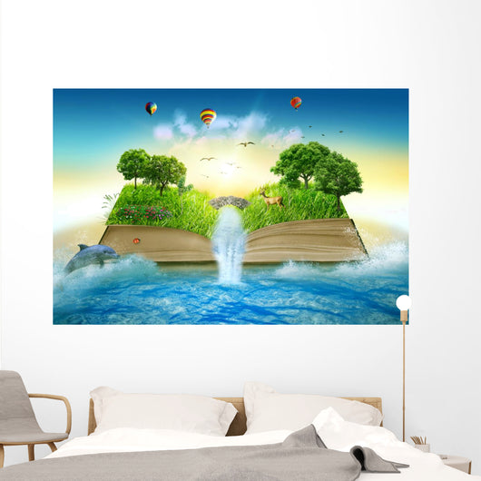 Illustration magic opened book covered grass trees waterfall Wall Mural