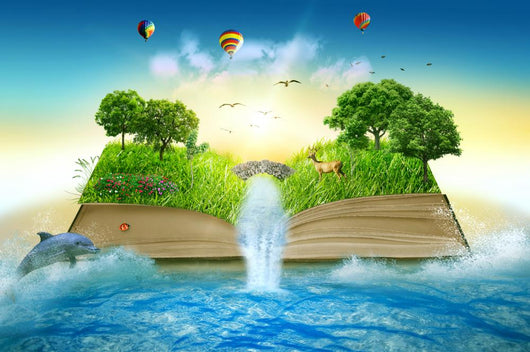 Illustration Magic Opened Book Covered Grass Trees Waterfall Wall Decal