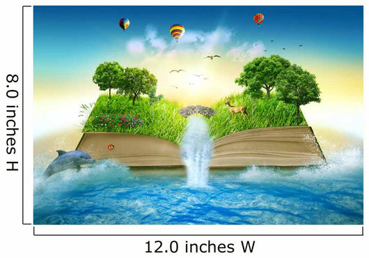 Illustration magic opened book covered grass trees waterfall Wall Mural