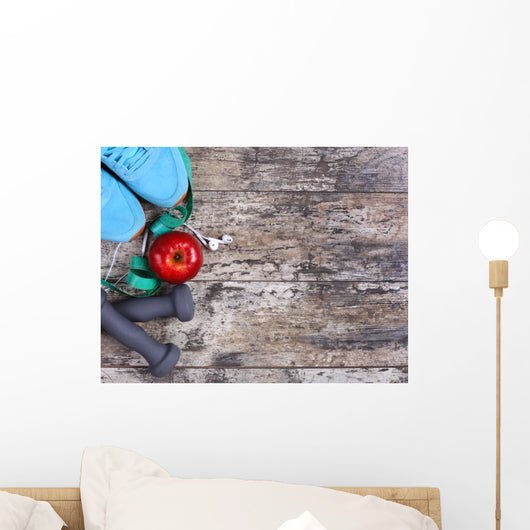 Sport equipment. Sneakers, dumbells, measuring tape Wall Mural